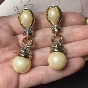 Vintage 1990s Elevated Gold Tone and Faux Pearl Dangle Clip On Earrings